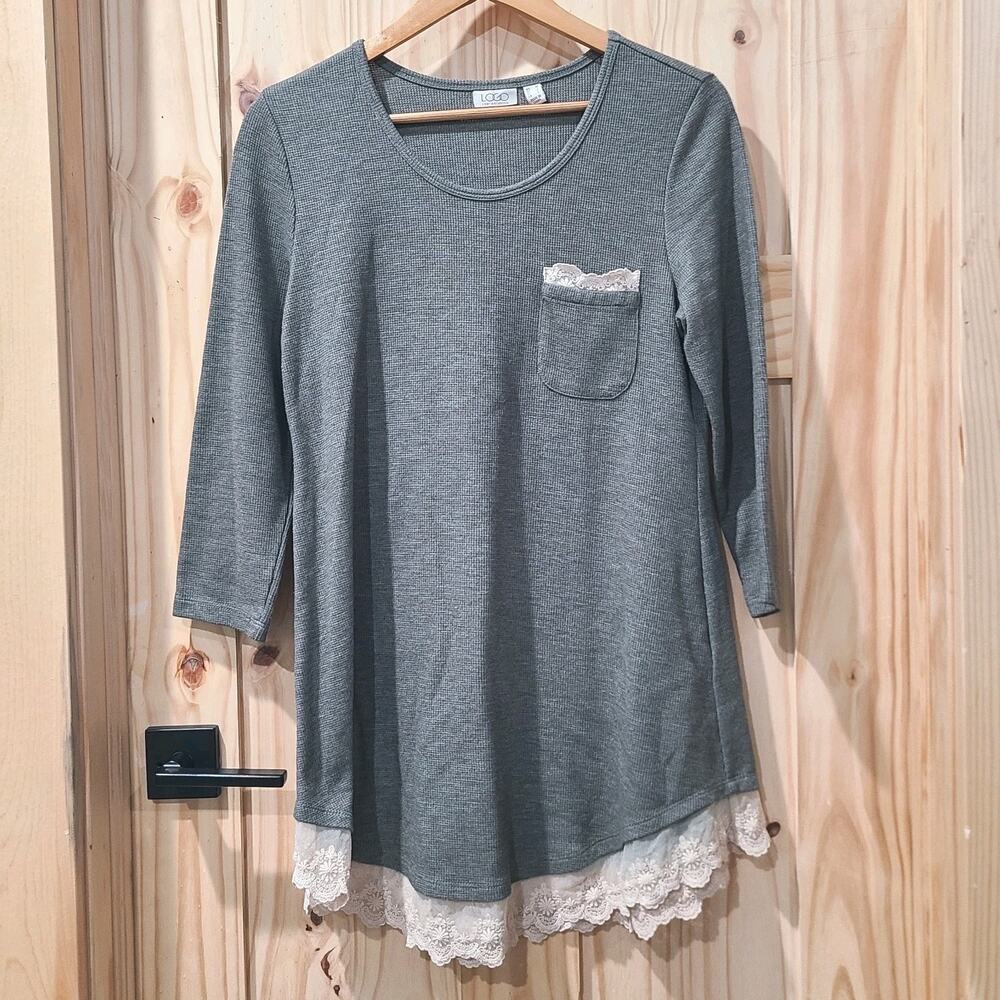 LOGO Waffle Knit 3/4 Sleeve Lace Hem Top Boho Whimsical Cottagecore Size M
